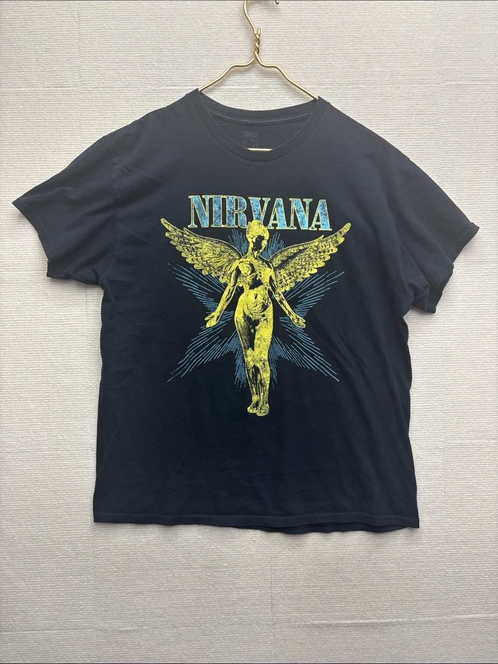 NIRVANA Black Short Sleeve Tee with Yellow and Blue Angel Graphic large